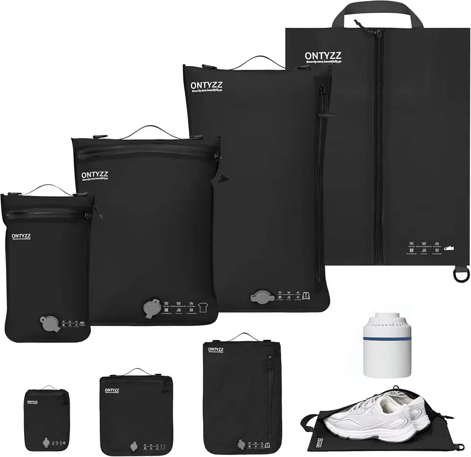 Koffer Organizer Compression Packwürfel Set, 4 Teilig Wiederverwendbar TPU Vakuumierbeutel mit IPX8 Wasserdichtem Reißverschluss Vakuumbeutel für Kleidung Unterwäsche, Socken, Schuhe
