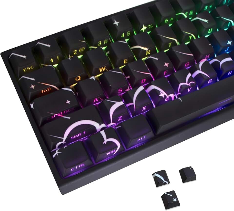 JSJT PBT Seitlich Bedruckte durchscheinende Star Rain Thema Schwarze Tastenkappen, 74-Tasten Cherry Profile Tastenkappen-Set für Cherry MX Switch 60/61/65/67/68 Layout Mechanische Tastatur