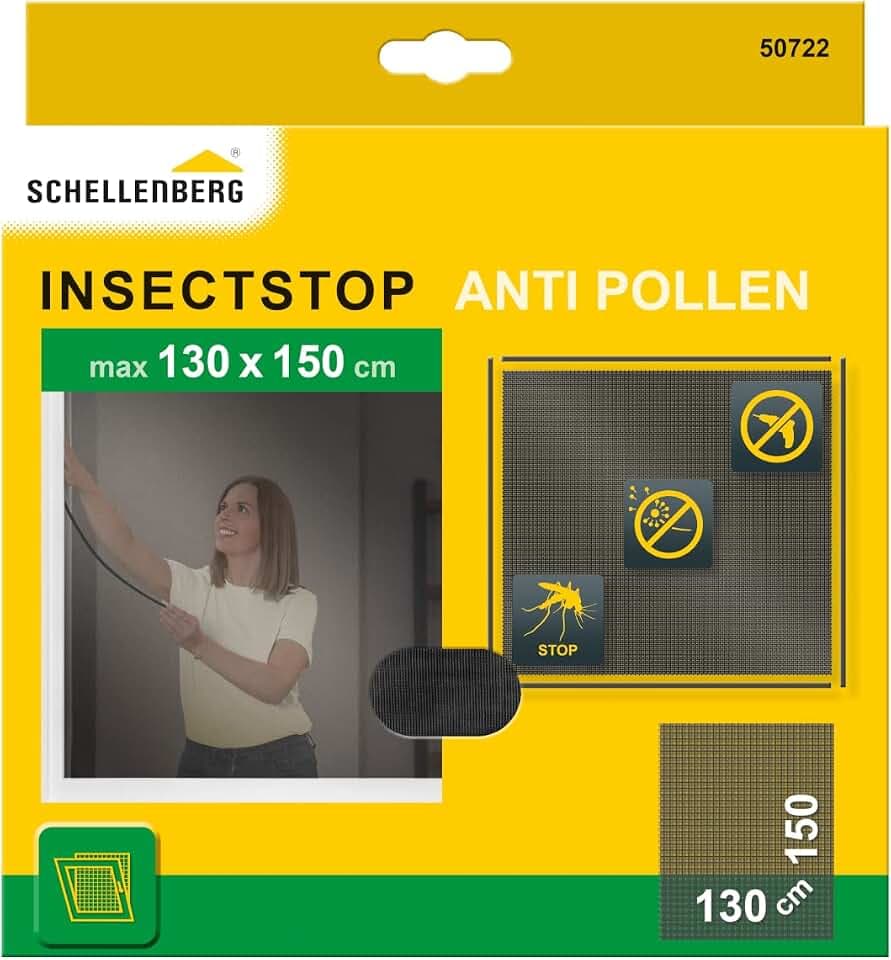 Schellenberg 50722 Pollenschutzgitter Set 130 x 150 cm, kombiniert Pollenschutz und Insektenschutz, einfache Klebe-Montage, inkl. Montagezubehör, anthrazit