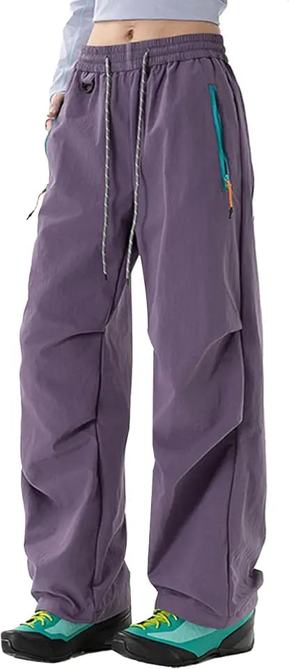 FEOYA Damen Leichter Wanderhose High Waist Baggy Cargohose Wasserfest Outdoorhose Atmungsaktiv Trekkinghose mit Reißverschlusstasche