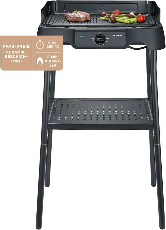Severin Tischgrill mit Standfuß, Standgrill & Tischgrill (Innen- & Außennutzung), Balkon & Küche, Temperaturen 40-220°C, schnelles Aufheizen, 39x23cm, leichte Reinigung, 2000W, schwarz, PG 8596