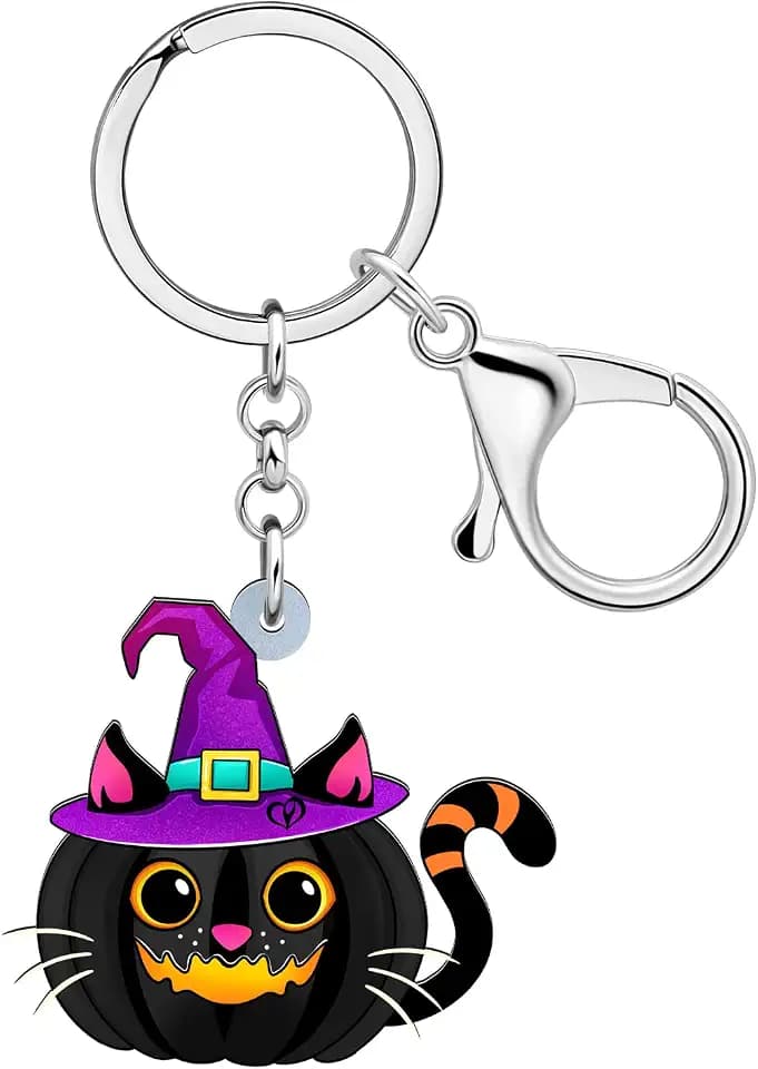 Acryl Halloween Geschenke schwarze Katze mit Kürbis Hexe Hut Schlüsselanhänger für Damen Männer Schlüsselring für Auto Handtasche Schlüssel