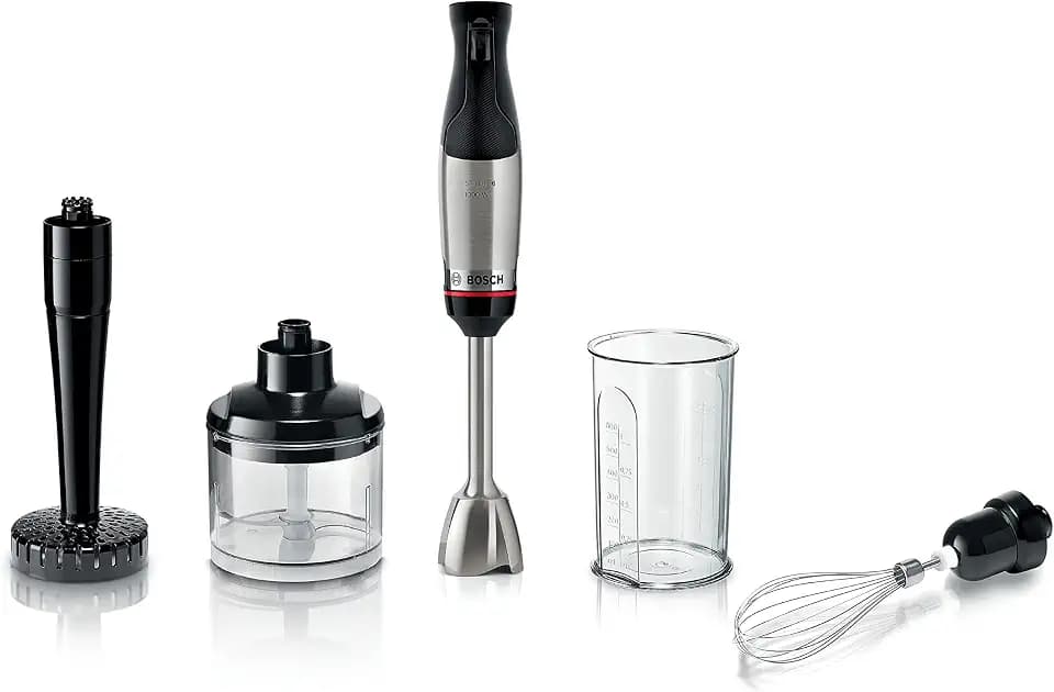 Bosch Stabmixer ErgoMaster Serie 6 MSM6M623, 10 Jahre Motorgarantie, Edelstahl-Klingen, verschleißfreie Keramik-Kupplung, Luftkühlung, Zerkleinerer, Kartoffelstampfer, Schneebesen, 1000 W, Edelstahl