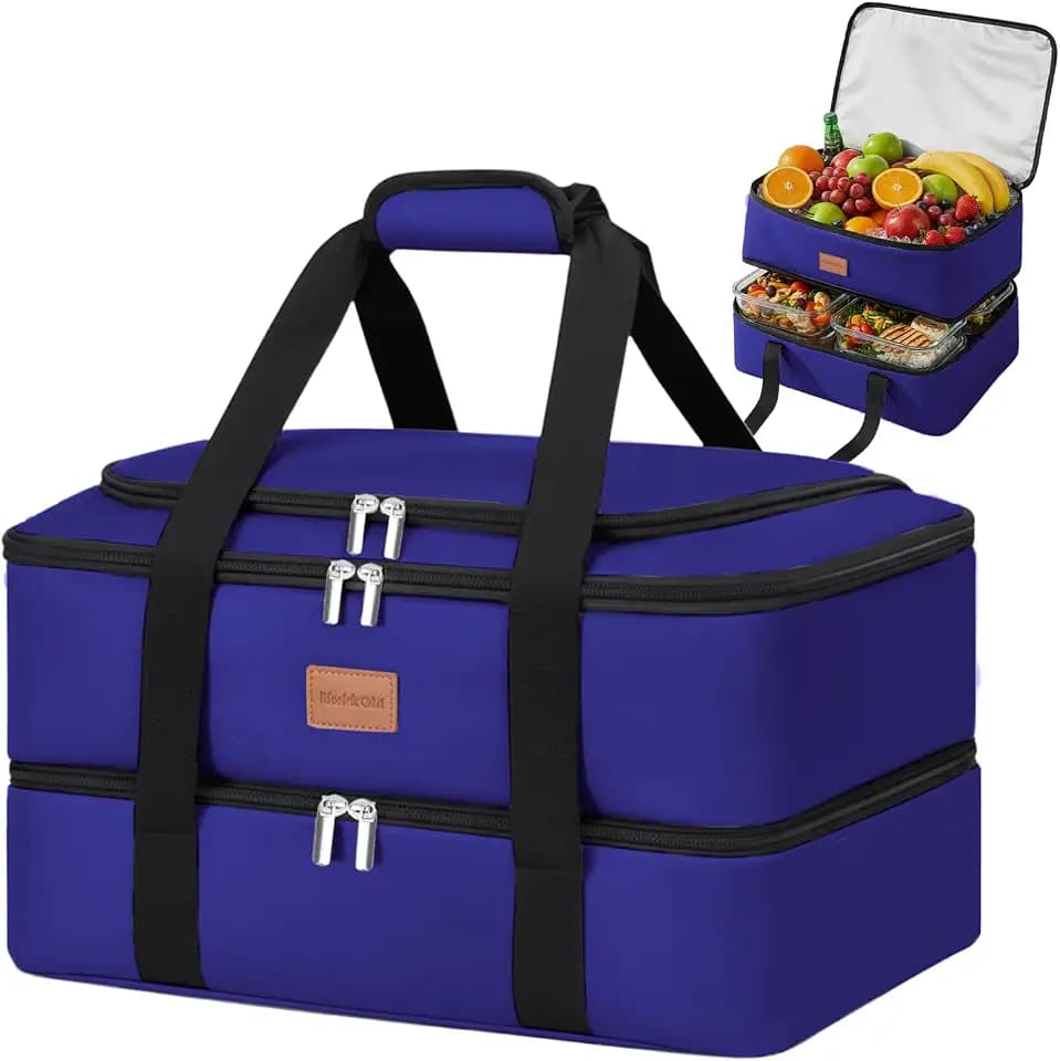 Insulated Casserole Carrier, Double Decker Food Carriers for Hot or Cold Food, Portable Leakproof Thermal Bag for Travel/Potluck Parties/Picnic/Cookouts(Blue)