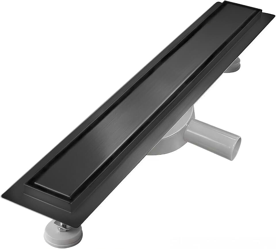Duschrinne 90 cm, Edelstahl-Bodenablauf mit 360° Siphon, Schwarz