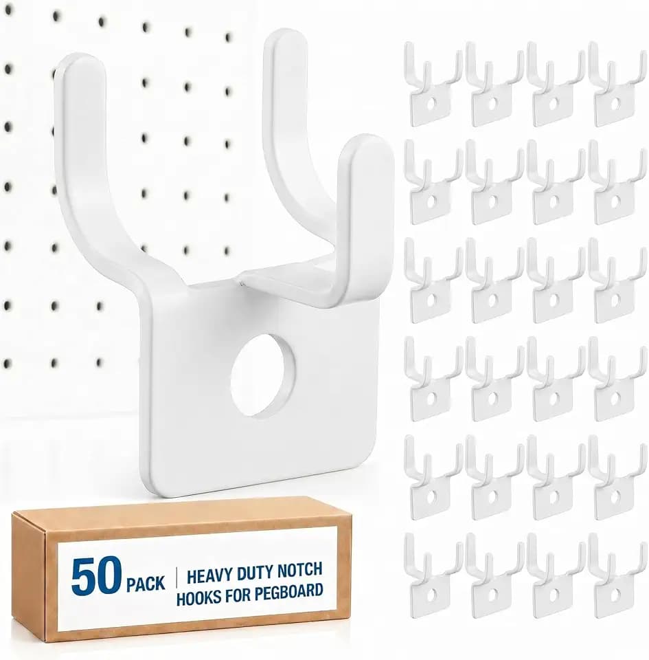 Tandefio 50 Pcs Pegboard Hooks, Picture Hangers for 1/8 & 1/4 in, White