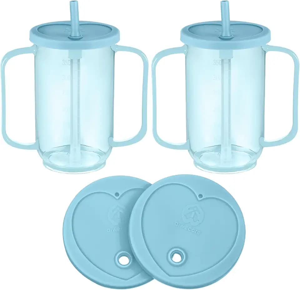 Sliner 2 Pcs Adult Sippy Cups for Elderly 12oz with Straw, Light Blue