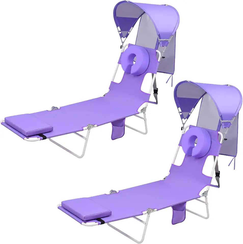 Backpack Beach Tanning Lounge Chair with Canopy Shade Face Hole Padded Adjustable Washable, 6 Position Layout Chair for Outside Sunbathing Poolside Lawn, UPF 50+ Wind-Resistant Sun Shade, 2Pack