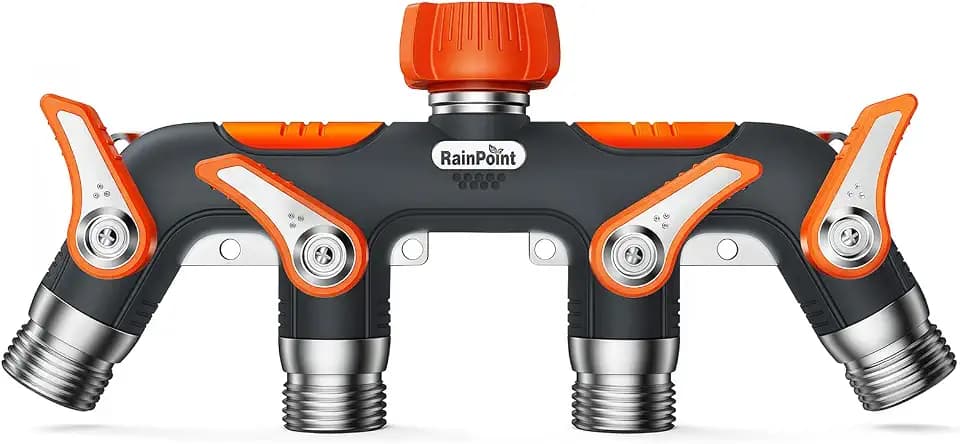 RAINPOINT 4 Way Garden Hose Splitter, 100% Metal Heavy Duty Water Hose Splitter with Individual Shut-Off Valves, 3/4" GHT High Flow Outdoor Faucet Splitter, 1.81" Extra Long Handle (Orange)