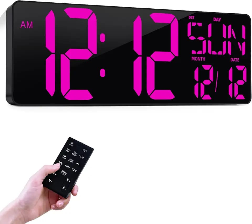 Digital Wall Clock Large Display: 16.5" LED Digital Clock with Remote Control Temperature Date Week Auto DST Adjustable Brightness, Big Wall Clock for Bedreeom Kitchen Living Room Office Gym, Purple