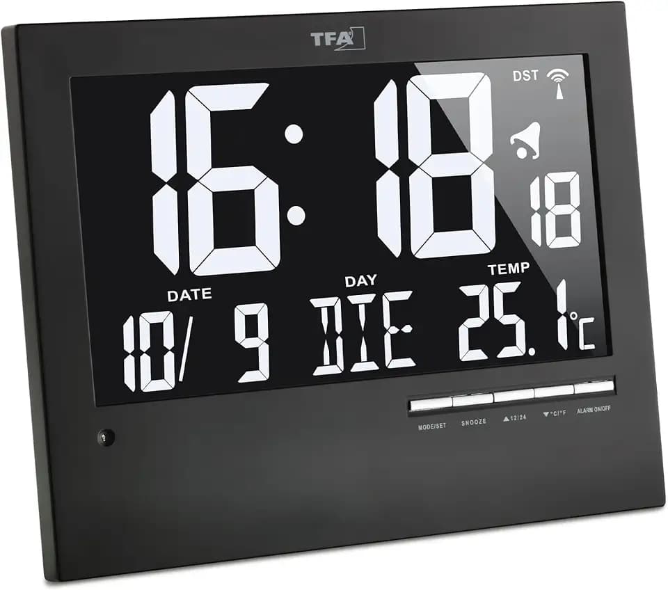 TFA Dostmann Digitale Funkuhr mit automatischer Hintergrundbeleuchtung, 60.4508, mit Innentemperatur, Datum, Wochentag, schwarz, Wanduhr, L 230 x B 31 (80) x H 185 mm