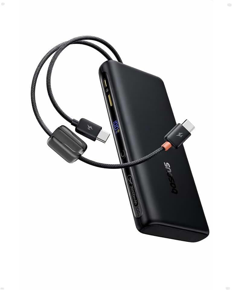 Baseus Portable Charger with Built in Cable, 100W Laptop Power Bank 20000mAh, Travel Essential Fast Charging USB C Battery Pack for MacBook, iPhone 18/17/16 Series, Samsung Galaxy S25/24, TSA-Approved