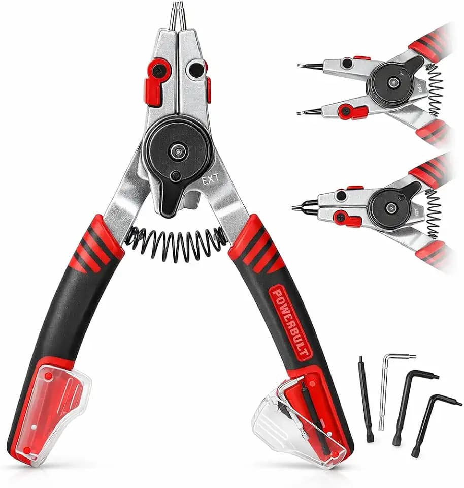 Powerbuilt Snap Ring Pliers with Combination Internal External Switch, Reversible, Remove and Install, Spring Loaded, Tips Included - Red 941336