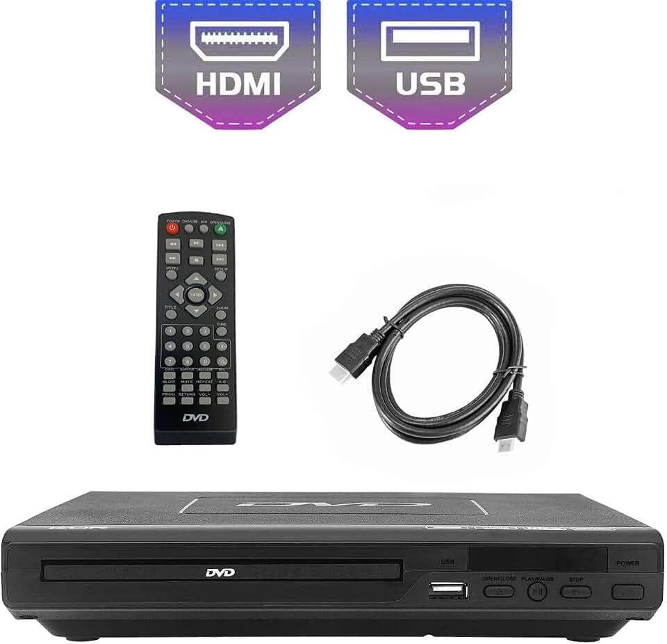 KCR DVD-Player für TV, DVD/CD / MP3 mit USB-Anschluss, HDMI- und AV-Ausgang (HDMI- und AV-Kabel enthalten), Fernbedienung