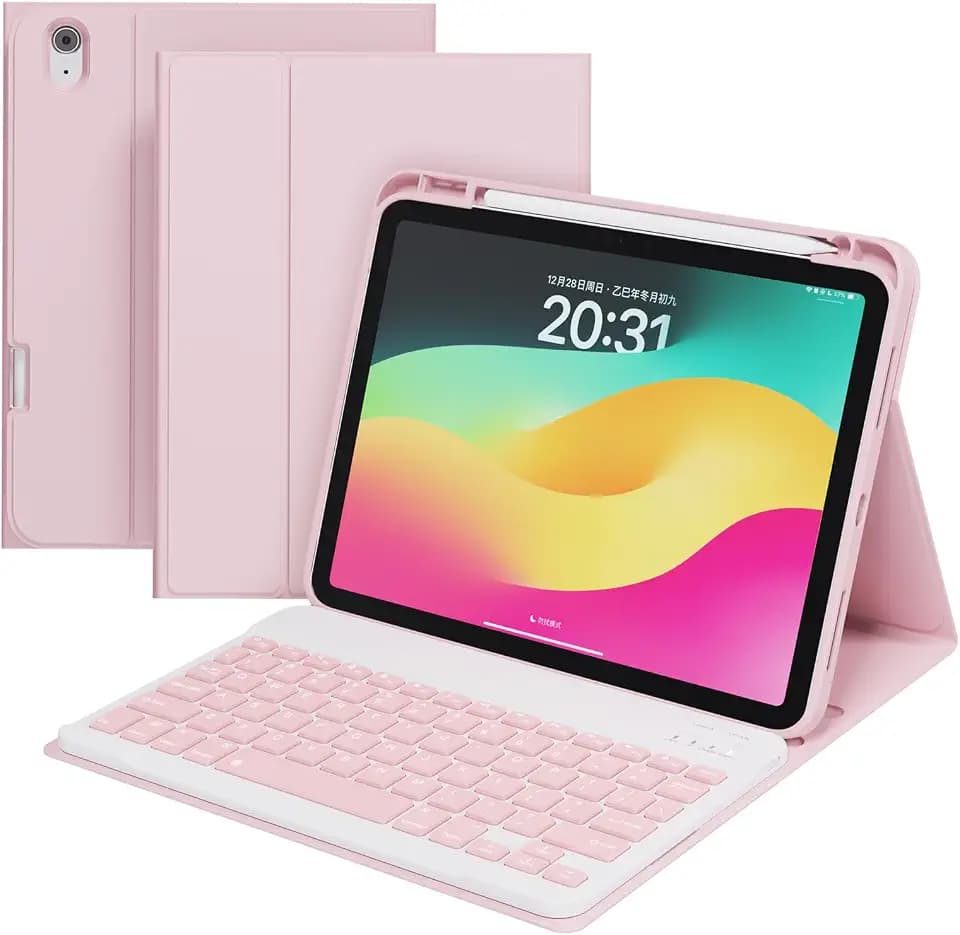 WX100 Bluetooth Keyboard with Case for iPad A16 11th 2025 A3354/A3355/A3356 & 10th Gen (A2696/A2757/A2777) | Detachable Durable Stylish Magnetic Case with Pencil Holder & Multi-Angle Stand - Pink