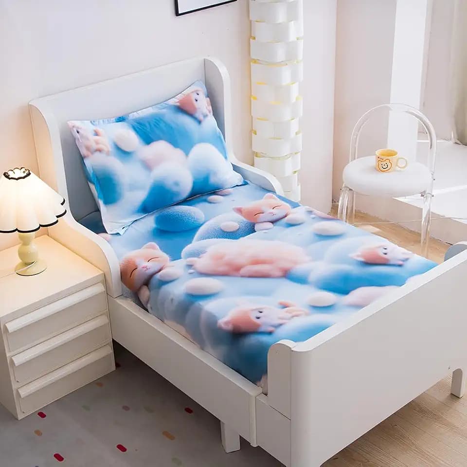 2PC Soft Bed Fitted Sheet and Pillowcases Set,3D Cute Cats Pattern Printed Bed Sheets for Kids Boys Girls Twin Size Bed (Blue Cats, Twin)