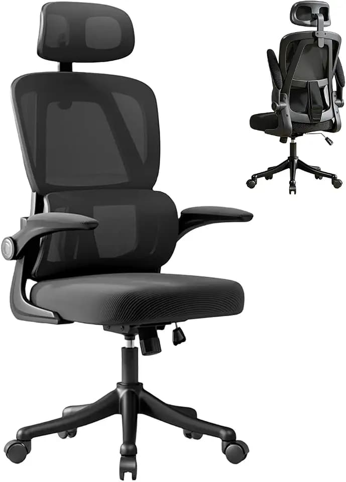 Ergonomic Office Chair with Dynamic Lumbar Support & Adjustable Headrest – High Back Desk Chair with 90° Flip-up Arms, Comfort Mesh Computer Chair for Home Office Long Hours Sitting, Black