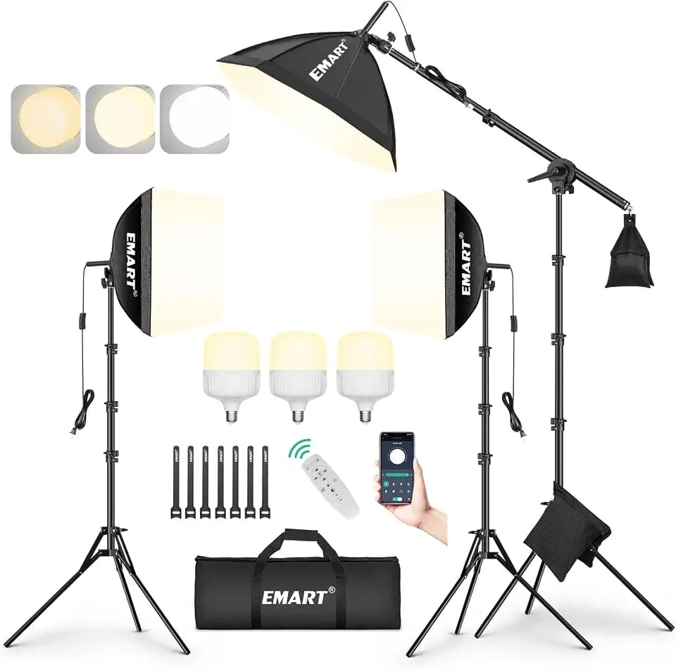 EMART Softbox Photography Lighting Kit, 50W LED 3PCS Soft Box with Boom Arm
