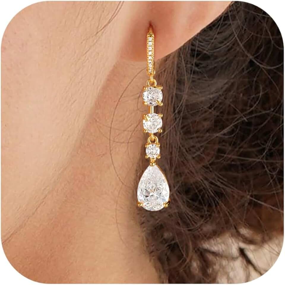 Dangle Earrings for Women Trendy, 14K Gold Plated CZ Huggie Drop Earrings, Dainty Long Chain Prom Wedding Jewelry Gift for Her