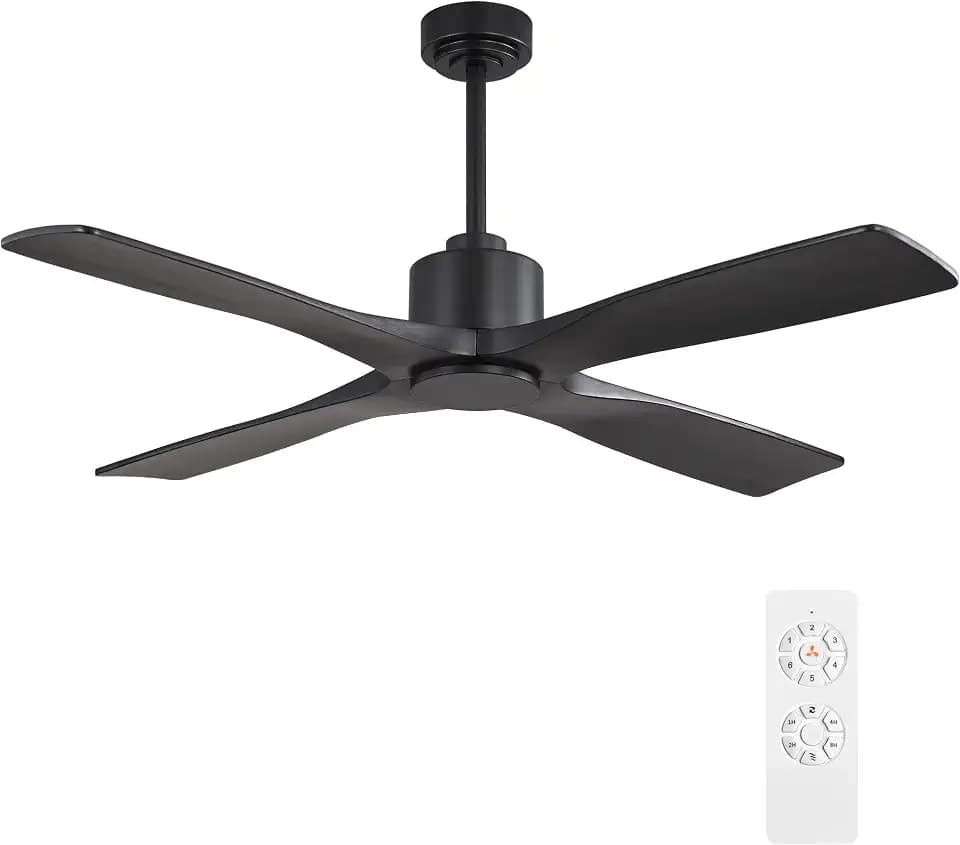 WINGBO 48" DC Ceiling Fan without Lights, 4 Carved Solid Wood Blades, 6-Speed Noiseless Reversible DC Motor, Modern Ceiling Fan No Light with Remote, Matte Black Finish with Black Blades, ETL Listed