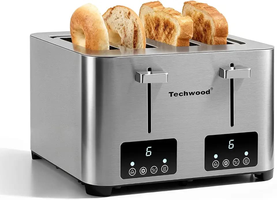Toaster 4 Slice, Techwood Stainless Steel 4-Slice Toaster Wide Solt with LED Display & 6 Shade Settings, Perfect for Bagels, Waffles and More (Silver)