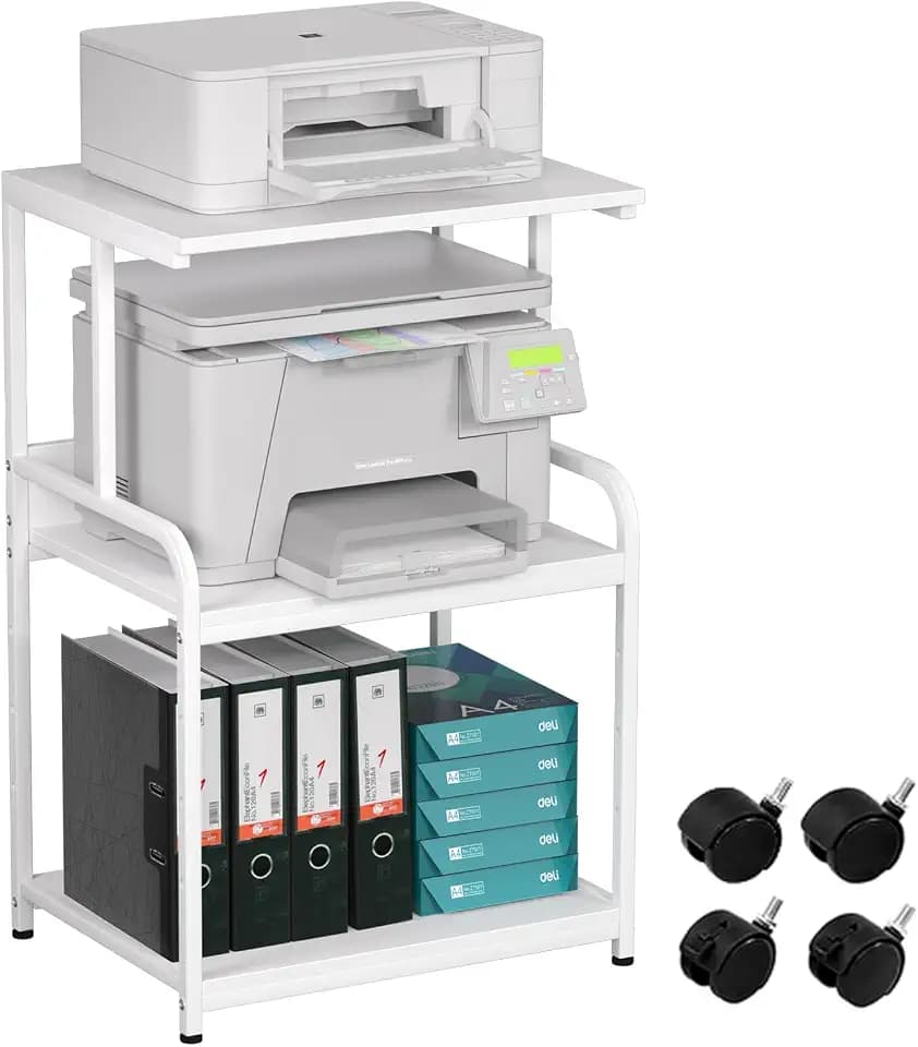 Huhote 3-stöckiger Druckerständer, Druckertisch mit Rollen, Metall Druckerwagen, Druckerregal für Büro, Zuhause, Schule und Arbeitszimmer, Druckerschrank für Fax, Kopierer, Scanner (Reinweiß)
