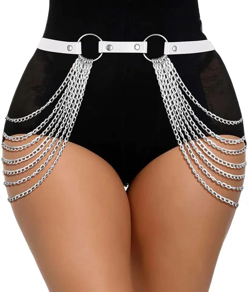 JASGOOD Punk Waist Chain Belt Black Leather Layered Belly Body Waist Chains Nightclub Rave Body Chain Belt for Women Girls