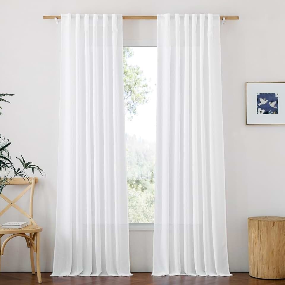 NICETOWN White Linen 108 inch Curtains for Living Room, Rod Pocket & Back Tab Thick Flax Privacy Semi Sheer Window Treatments with Light Filtering for Bedroom, W55 x L108, 2 Panels