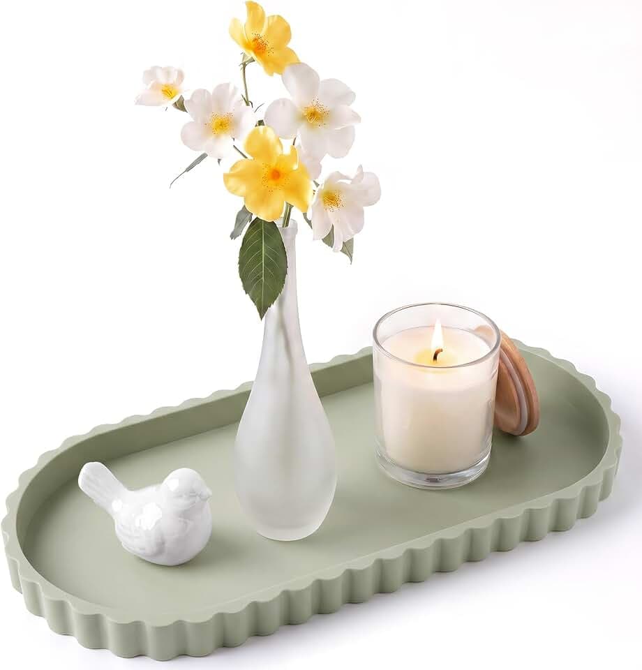 Deko Tablett für Badezimmer, 30,5 x 13,5 cm Ovales Dekotablett für Badezimmer und Küchenarbeitsplatten, Silikon Marmorplatte mit Gewelltem Rand, Badezimmertablett für Toilettenbrille und Badewanne
