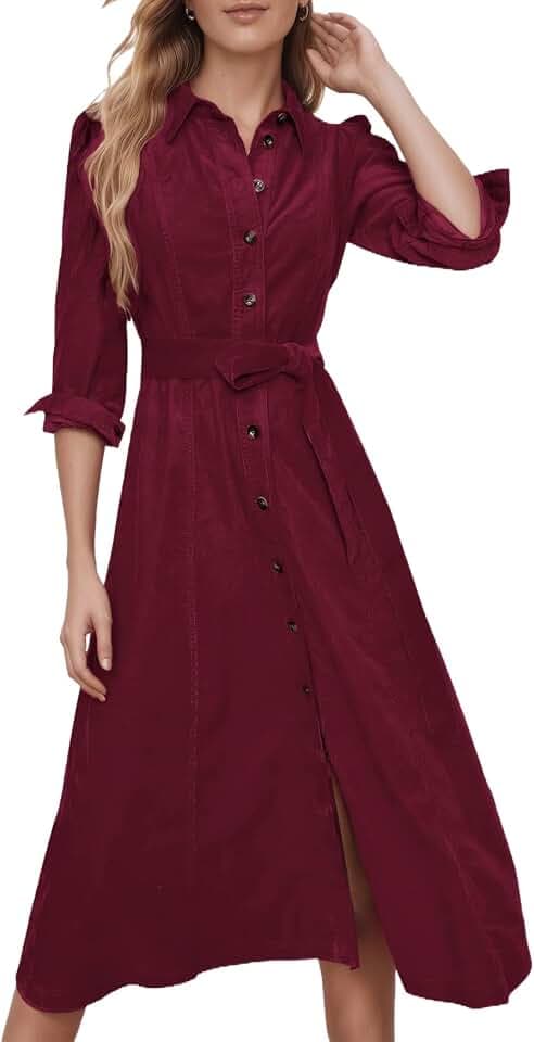 YEXPINE Women's Corduroy Maxi Dress Button Down Shirt Dress with Belt