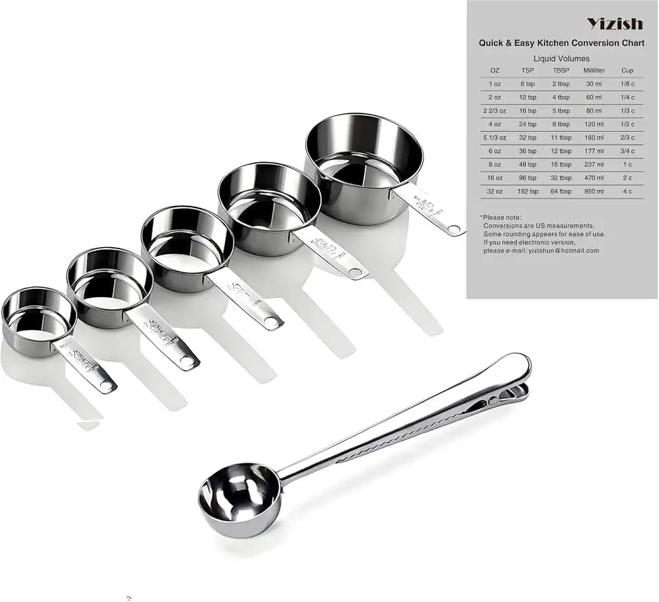 Yizish Edelstahl Messbecher und Scoop mit Clip, Küchenumrechnungstabelle 7er Set für Trockene und Flüssige Zutaten