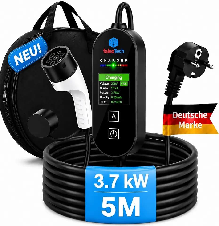 Ladekabel Elektroauto Typ 2 Schuko | 5 m - 3,7 kW | Für alle Typ-2 Elektroautos | LCD Anzeige | Ladekabel für sicheres Laden – ideal für den täglichen Einsatz zu Hause und unterwegs