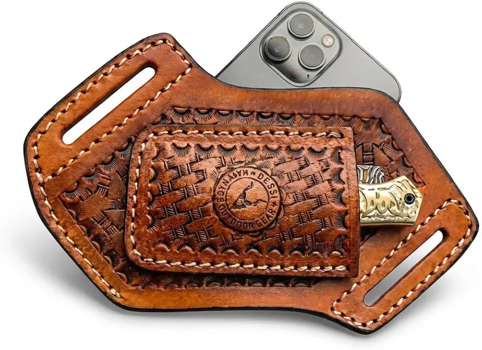 Dessi 2-in-1 Leather Phone Holster and Slim Tool Pouch for Belt - Handmade Cross Draw EDC Case - Fits iPhone 16 15 14 Pro Max and Samsung Galaxy S25 S24 Ultra with Slim Case - Fits 2 Inch Belt