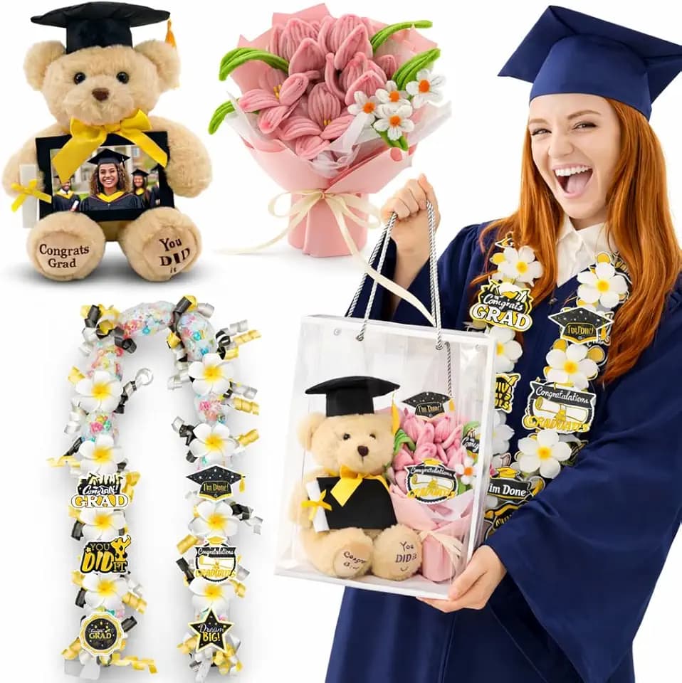 2026 Graduation Gift Set Artificial Fake Flower Bouquet with Graduation Bear Graduation Leis Graduation Bouquet with Teddy Bear Graduation Gift for Her/Him Party Decoration for Class of 2026 Present