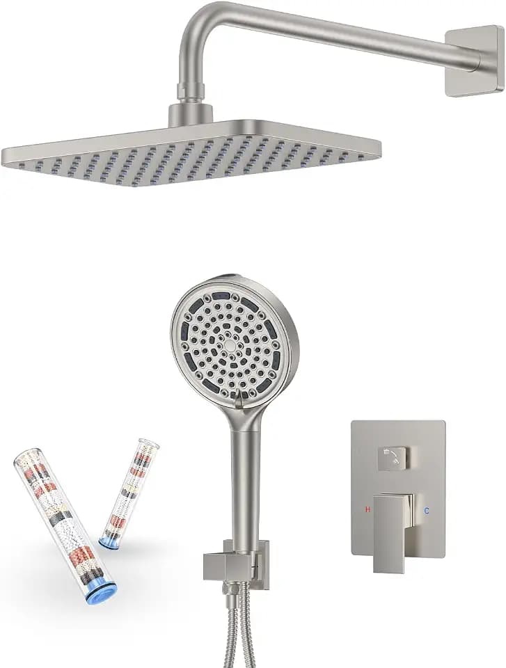 Brushed Nickel Rainfall Shower System with Filtered Handheld Sprayer