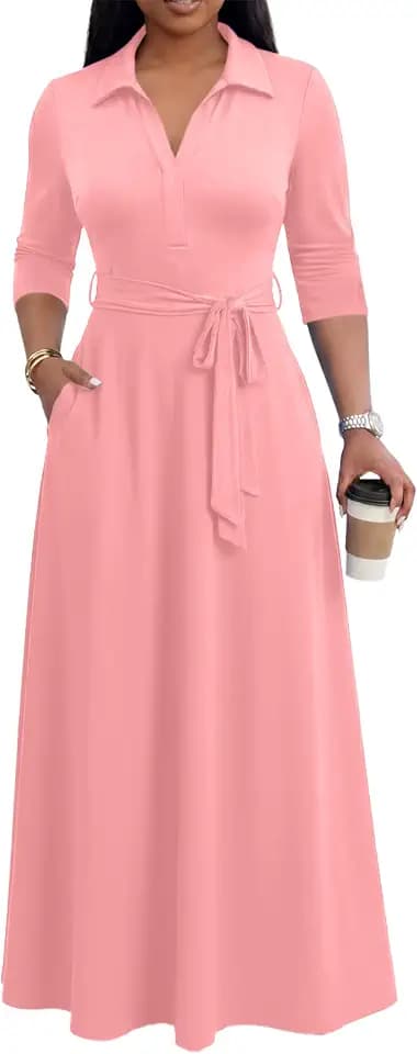 MarryUP Maxi Dresses for Women Casual V Neck 3/4 Sleeve Long Church Dress Semi Formal Outfits with Pockets