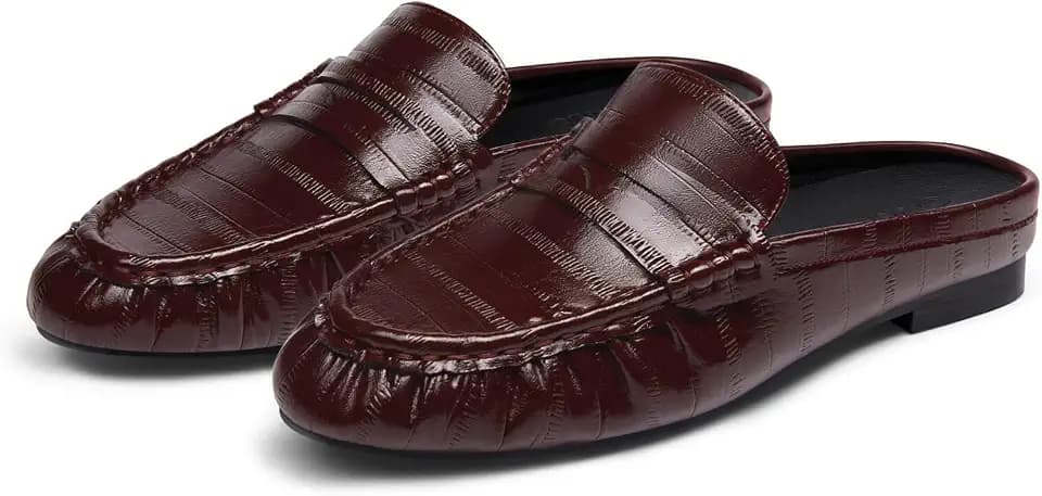 Coutgo Women's Mule Loafers Comfortable Slip On Shoes with Penny Strap Closed Toe Business Casual Slides Shoes, Burgundy Pu, Size 9.5