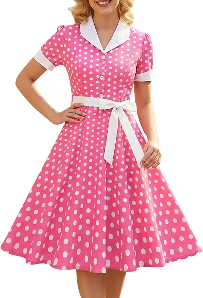 Women's 1950s Vintage Polka Dot Dress - Peter Pan Collar Puff Sleeve Swing Dress with Belt for Party Wedding