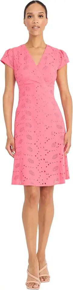 Maggy London Women's Women's Eyelet Fit and Flare Cap Sleeve V-Neck - Knee Length Special Occasion Cocktail Dress