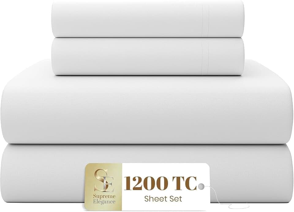 SUPREME ELEGANCE 1200 Thread Count Sateen Queen Size Sheet Set Arctic White