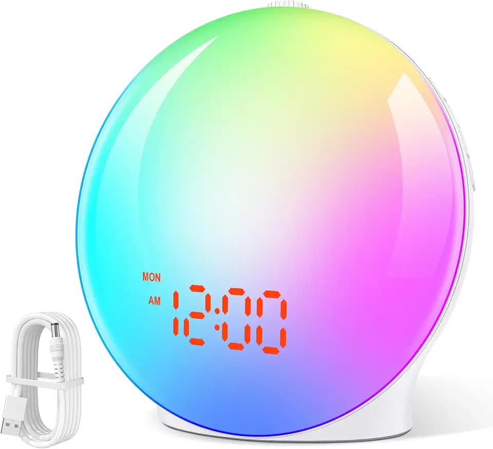 Tageslichtwecker Lichtwecker, Sonnenaufgang Sonnenuntergang Wecker Wake up Light mit 7 Natürlichen Töne 8 Farblicht 20 Helligkeit, Schlummerfunktion Radio FM für Erwachsene & Kinder