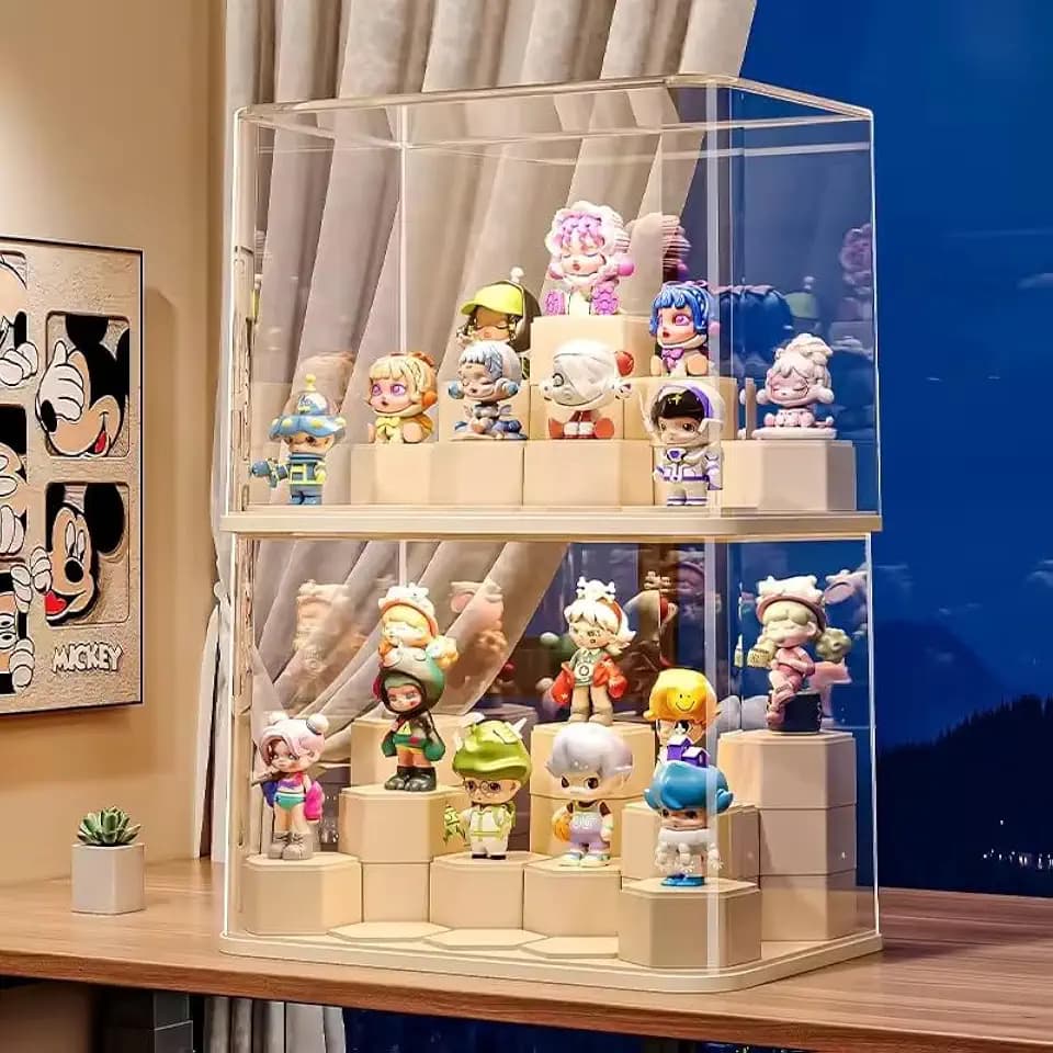 2 Pcs Clear Acrylic Display Case for Figures, Plastic Dustproof Showcase with Adjustable 24 Hexagonal Blocks, Large Box Suitable for Collectibles (2pcs Small)