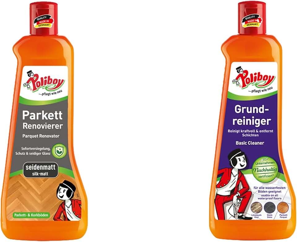 Poliboy Parkett Renovierer seidenmatt + Grundreiniger - perfektes Set zum pflegen von matten Parkettböden - 2x 500ml (1000ml) - Made in Germany