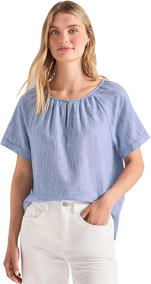 Street One Damen Chambray Bluse mit Rundhals und Cut-Out