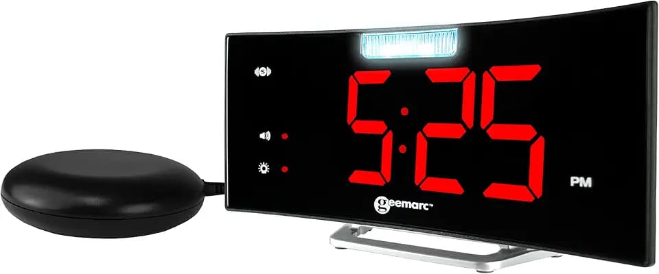 Wecker mit starkem 95dB Alarm, Vibrationskissen, großem Display und Blitzlicht - Die Geemarc Wake 'N' Shake Curve Wird Sie aus dem Tiefschlaf wecken - USB-Ladeanschluss - Version DE