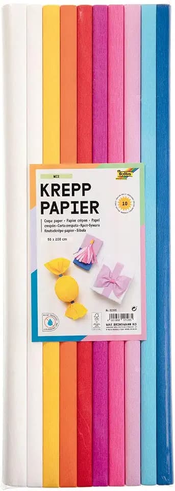 folia 82393 - Krepppapier - Sortiment Mix, 10 Rollen in verschiedenen Farben, jede Rolle ca. 50 x 200 cm, sehr elastisches und dünnes Papier, mit einer unebenen und rauen Oberfläche