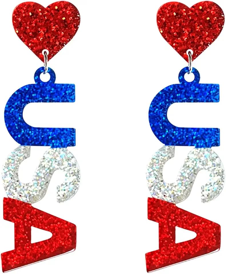 American Flag Earrings 4th of July Earrings for Women Acrylic Heart Star Flag Dangle Drop Earrings Handmade Independence Day Patriotic Earrings Holiday Gifts (D Style)