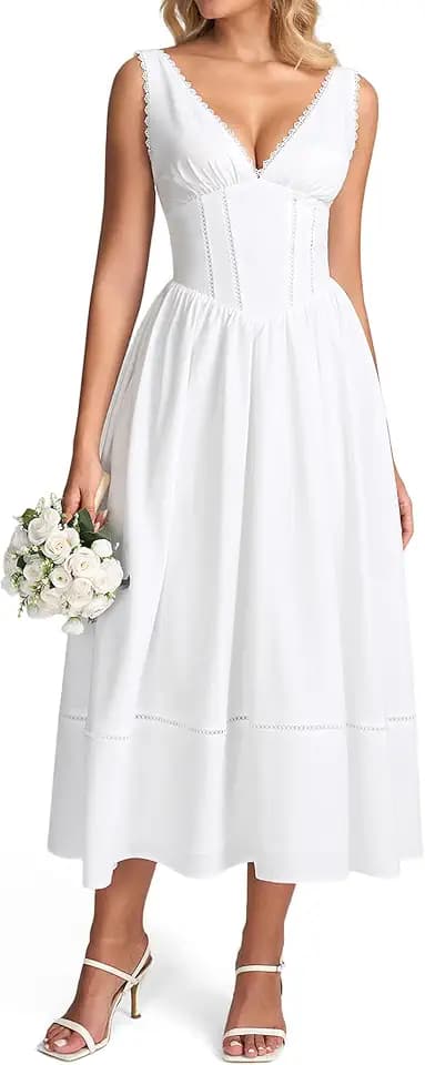 KUTUMAI V Neck Floral Corset Midi Summer Wedding Guest Dresses for Women