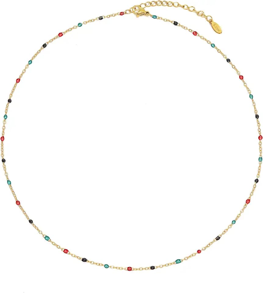 Boho Colorful Beaded Choker Necklace for Women, Rainbow Round Bead 14K Gold Plated Choker Necklace Simple Fresh Beads Beach Wedding Prom Bridal Jewelry