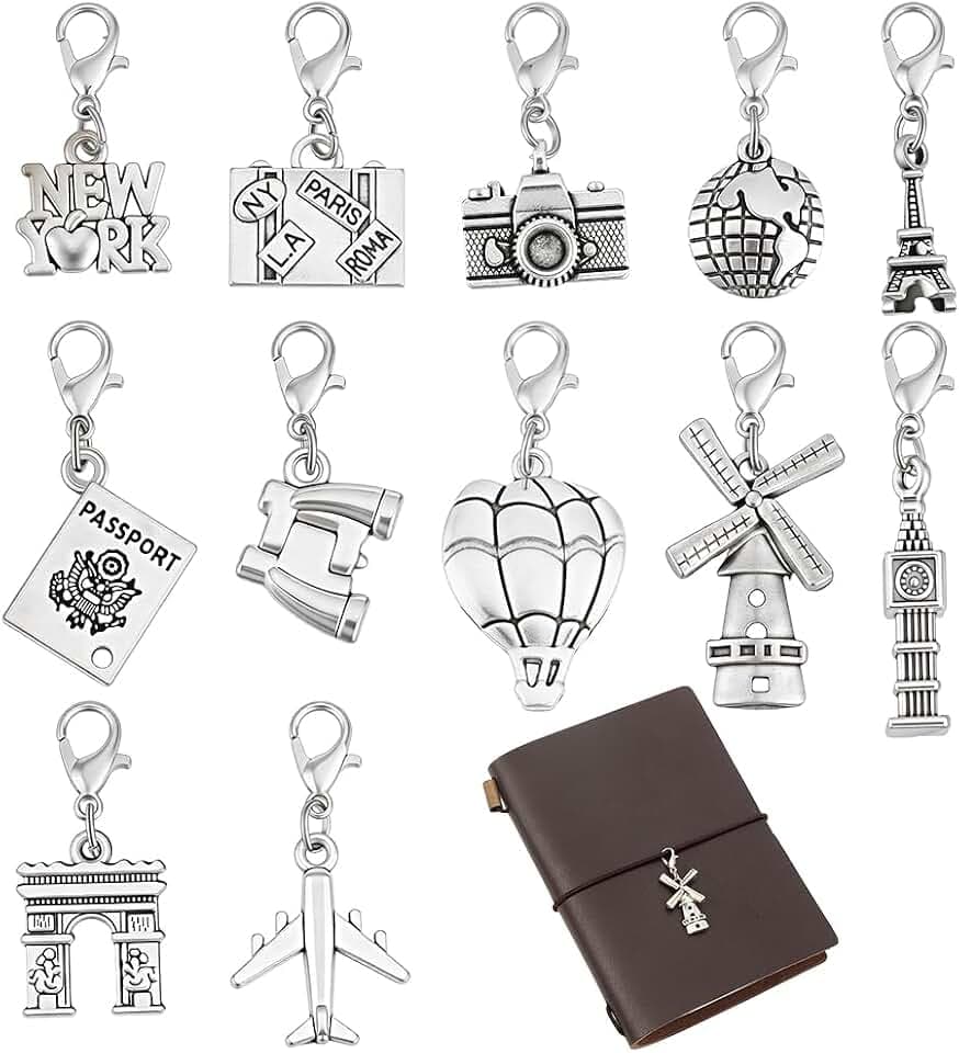 BENECREAT 12 Stile Reise Notizbuch Vintage Anhänger, DIY Notizbuch Schlüsselanhänger Anhänger mit Hummerverschluss, Antik Silber Legierung für Journale DIY Schlüsselanhänger